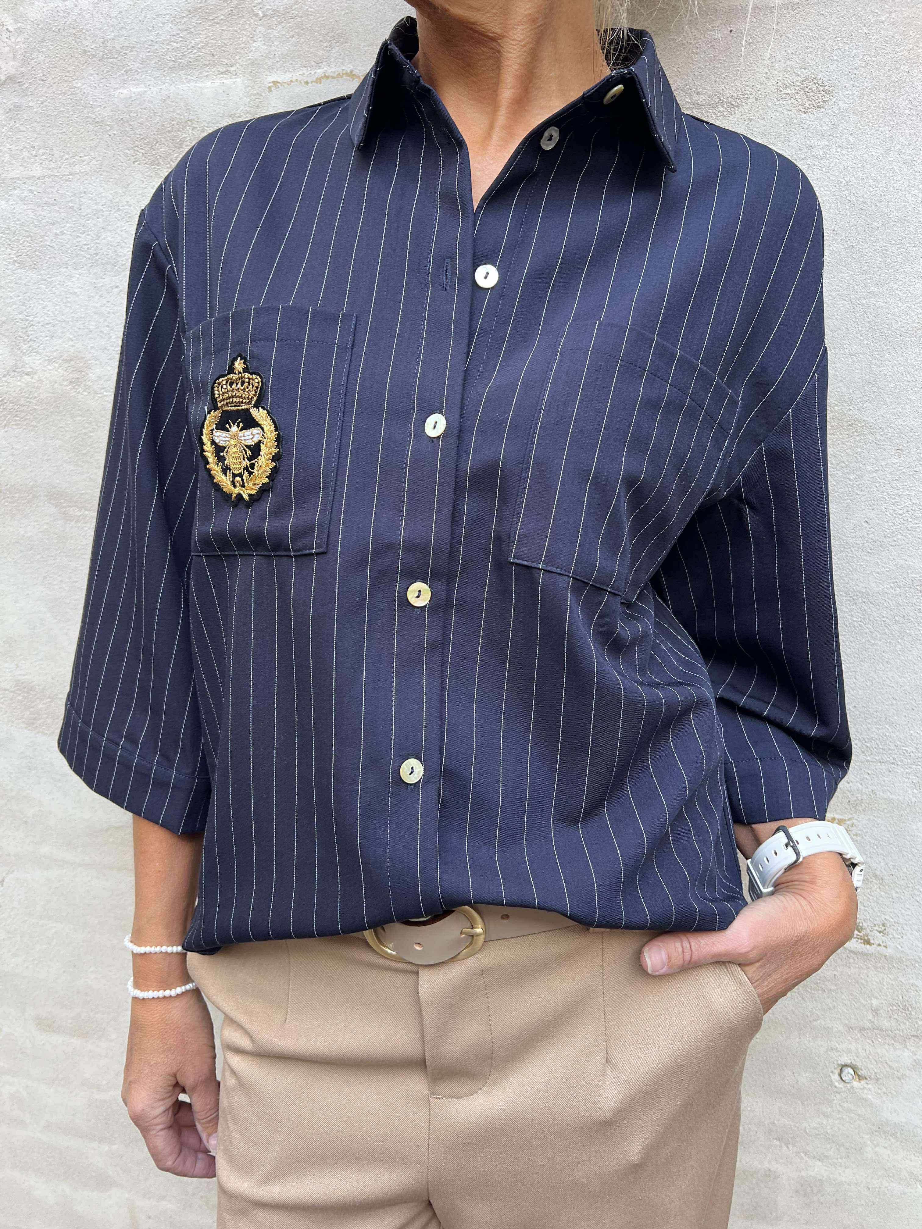 Mili Pinstripe Patch Blouse - Navy Blue Stripe