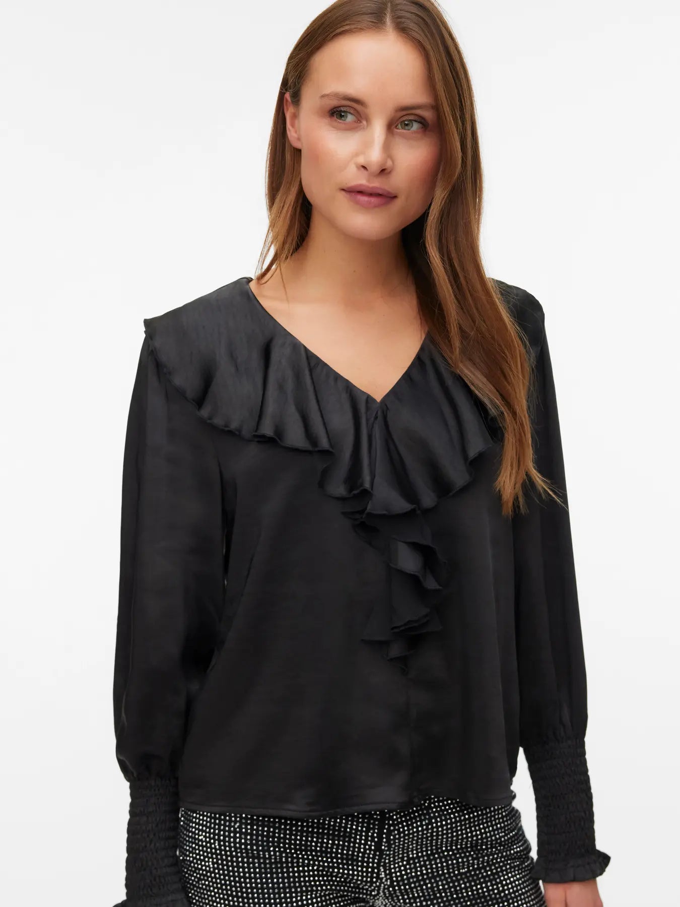 BEA LS V-NECK FRILL BLOUSE - Black