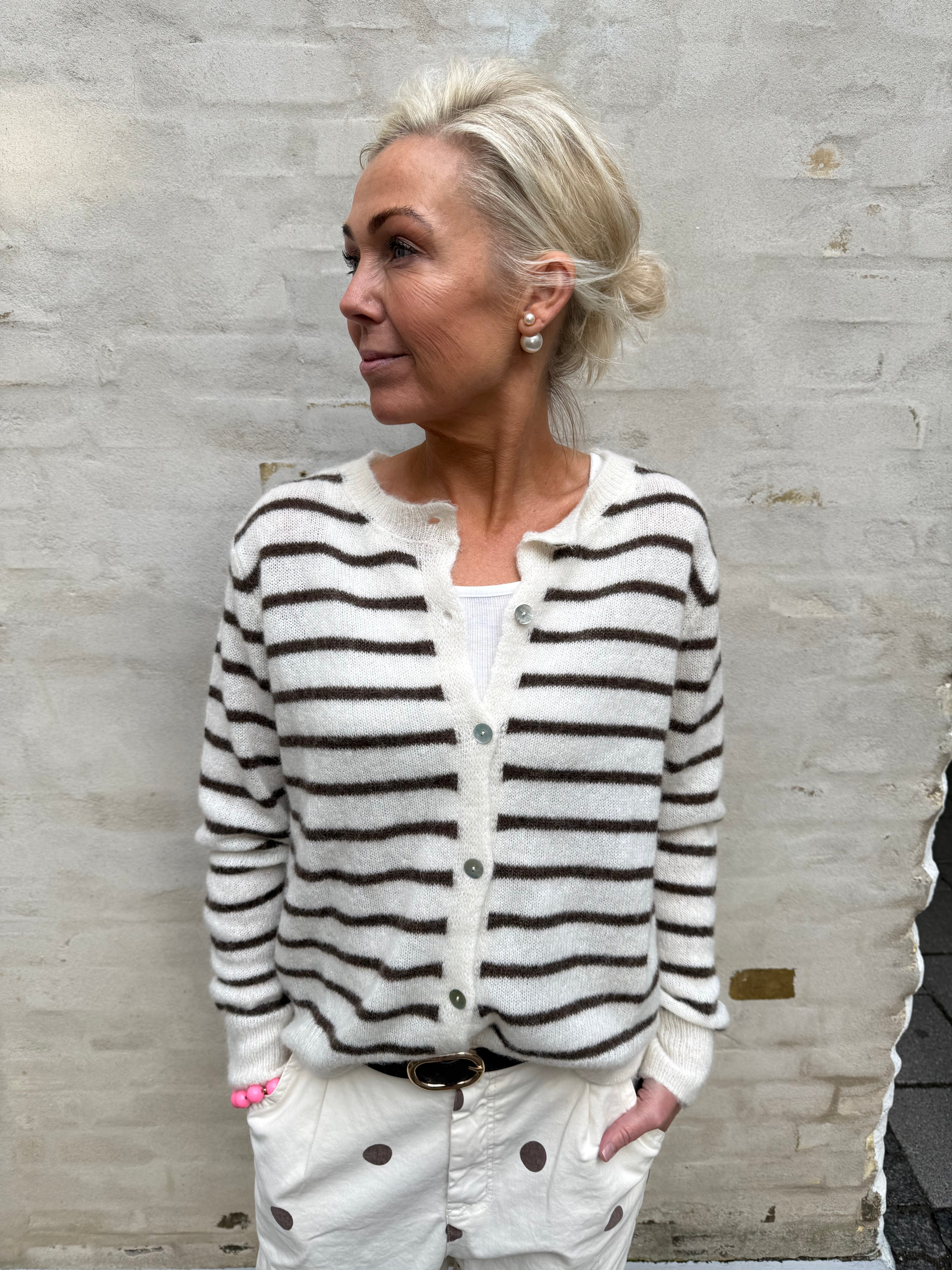 PREORDER-DELL Striped Knit Cardigan - Off White