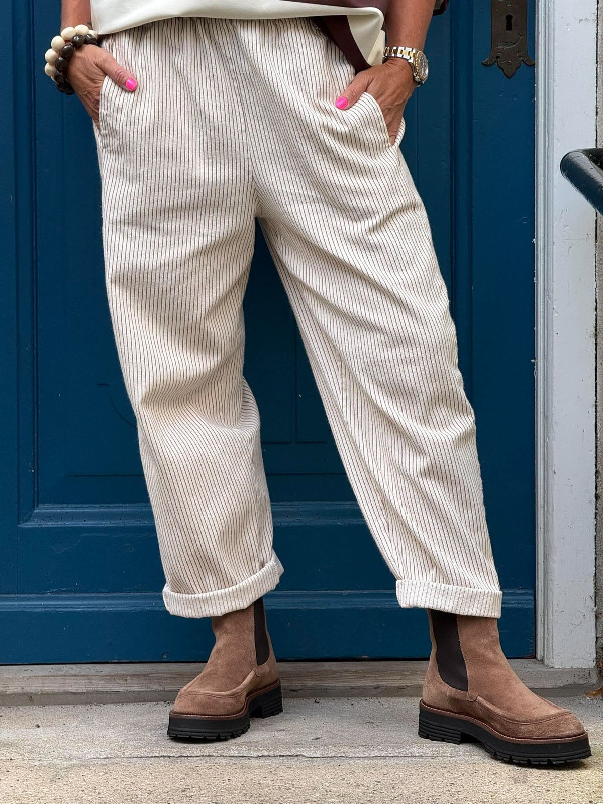 Paola Striped Pants - Off White/Light Beige