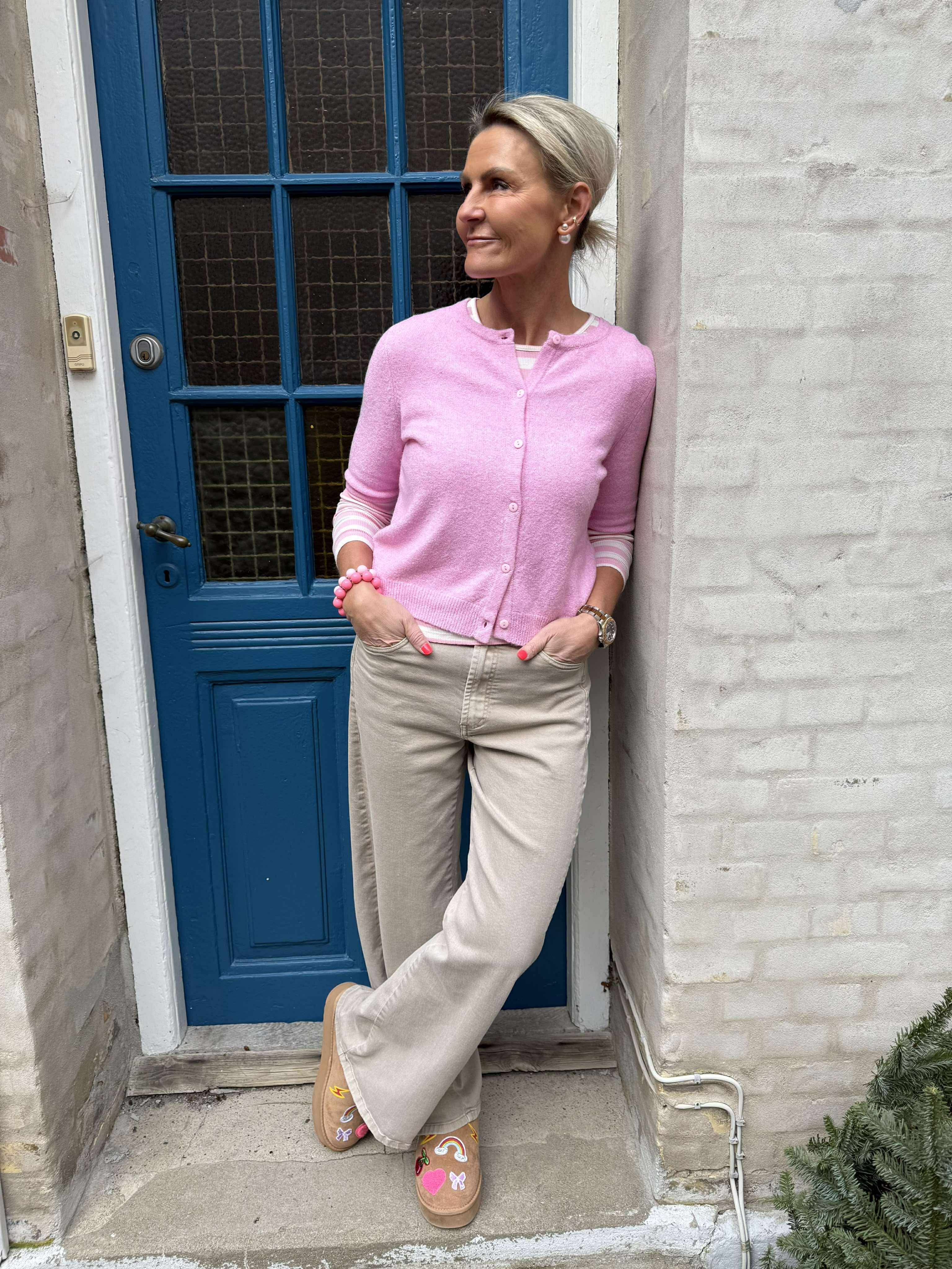 DOFFY 2/4 O-NECK BUTTON CARDIGAN - Bonbon MELANGE