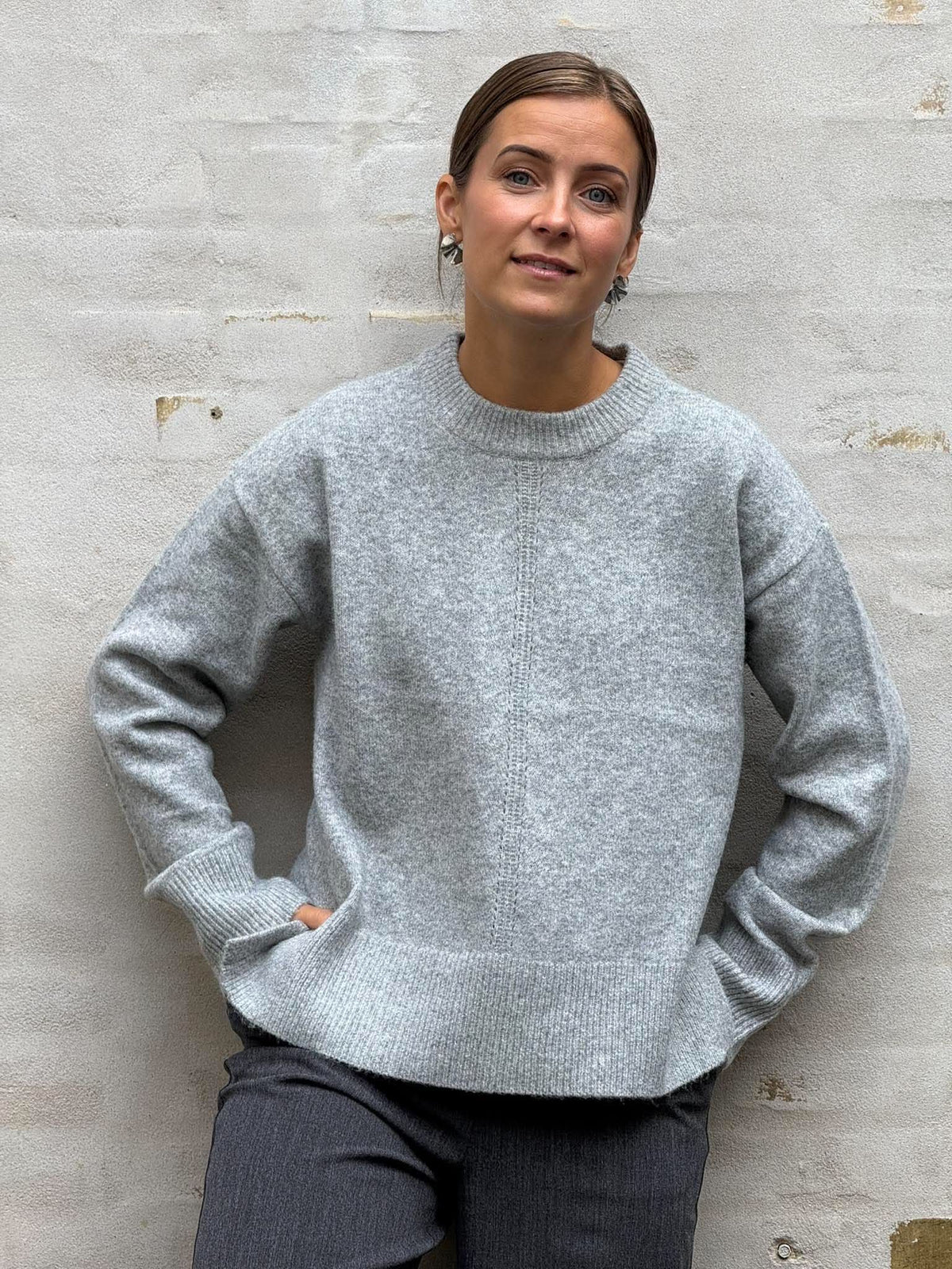 JUNO L/S LO O-NECK KNIT - Medium Grey Melange