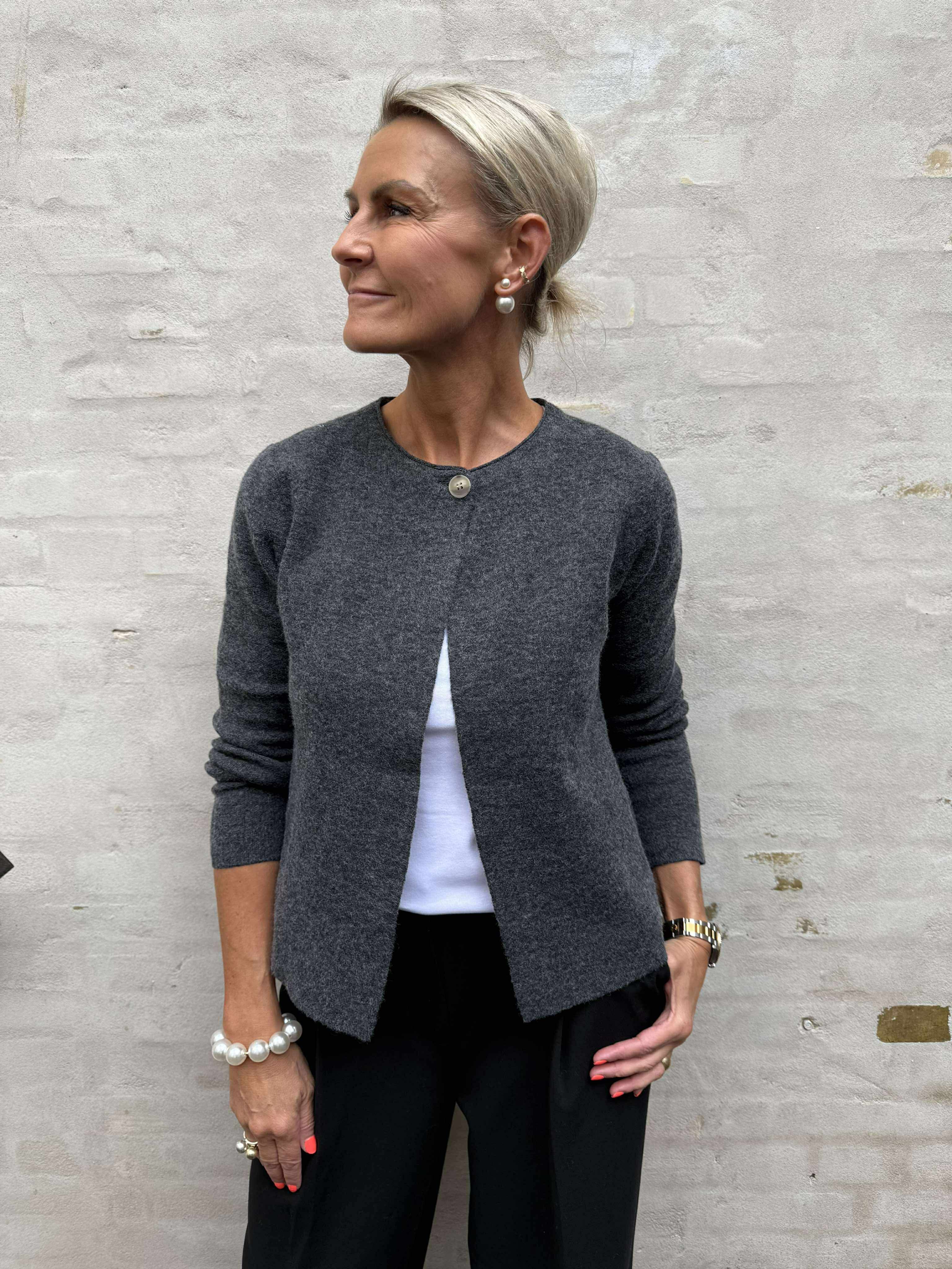 MARINA LS O-NECK CARDIGAN - Dark Grey Melange