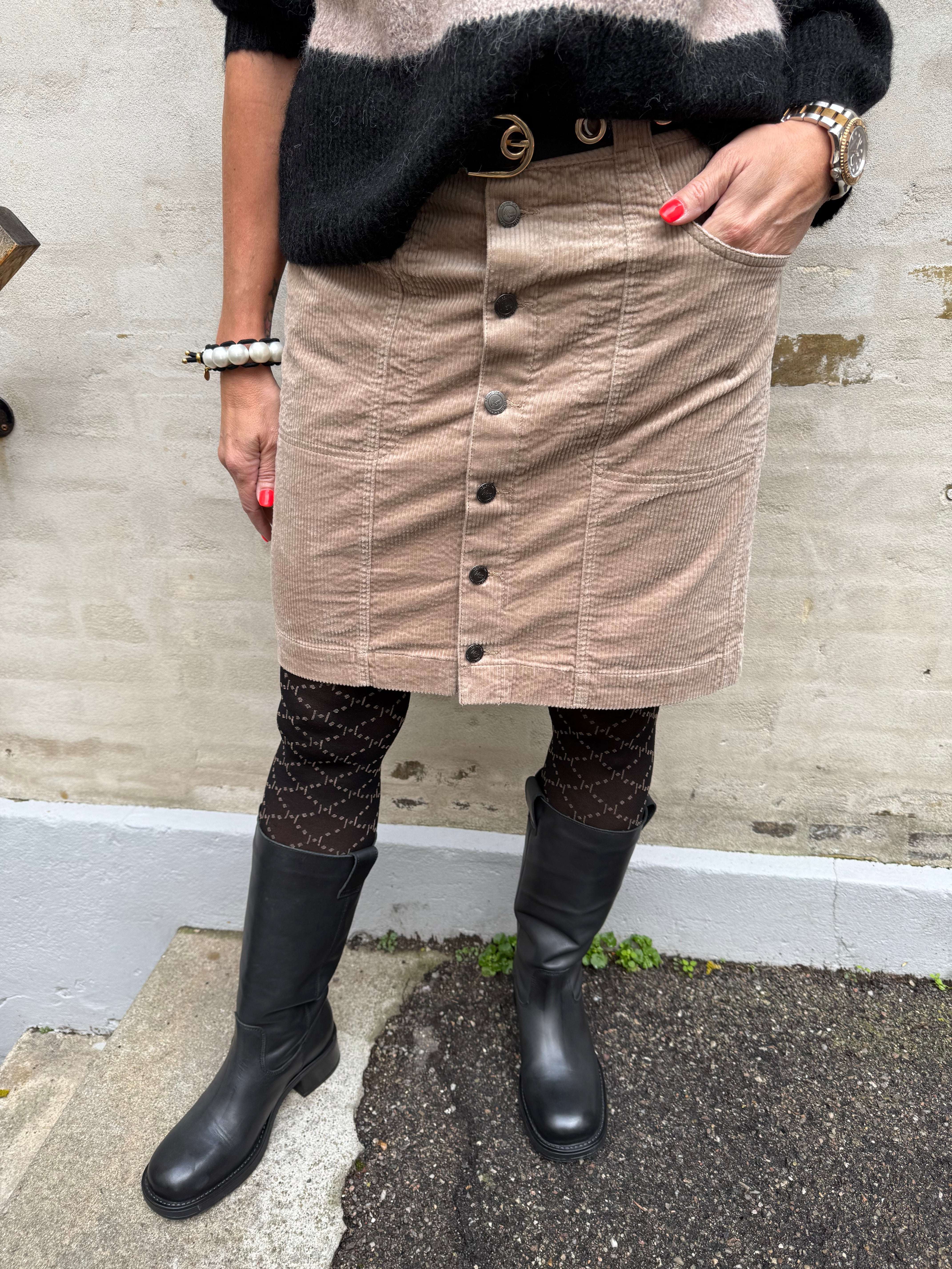 Corduroy Button Skirt - Beige