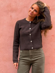 SILLY LS O-NECK KNIT CARDIGAN - Hot Fudge MELANGE