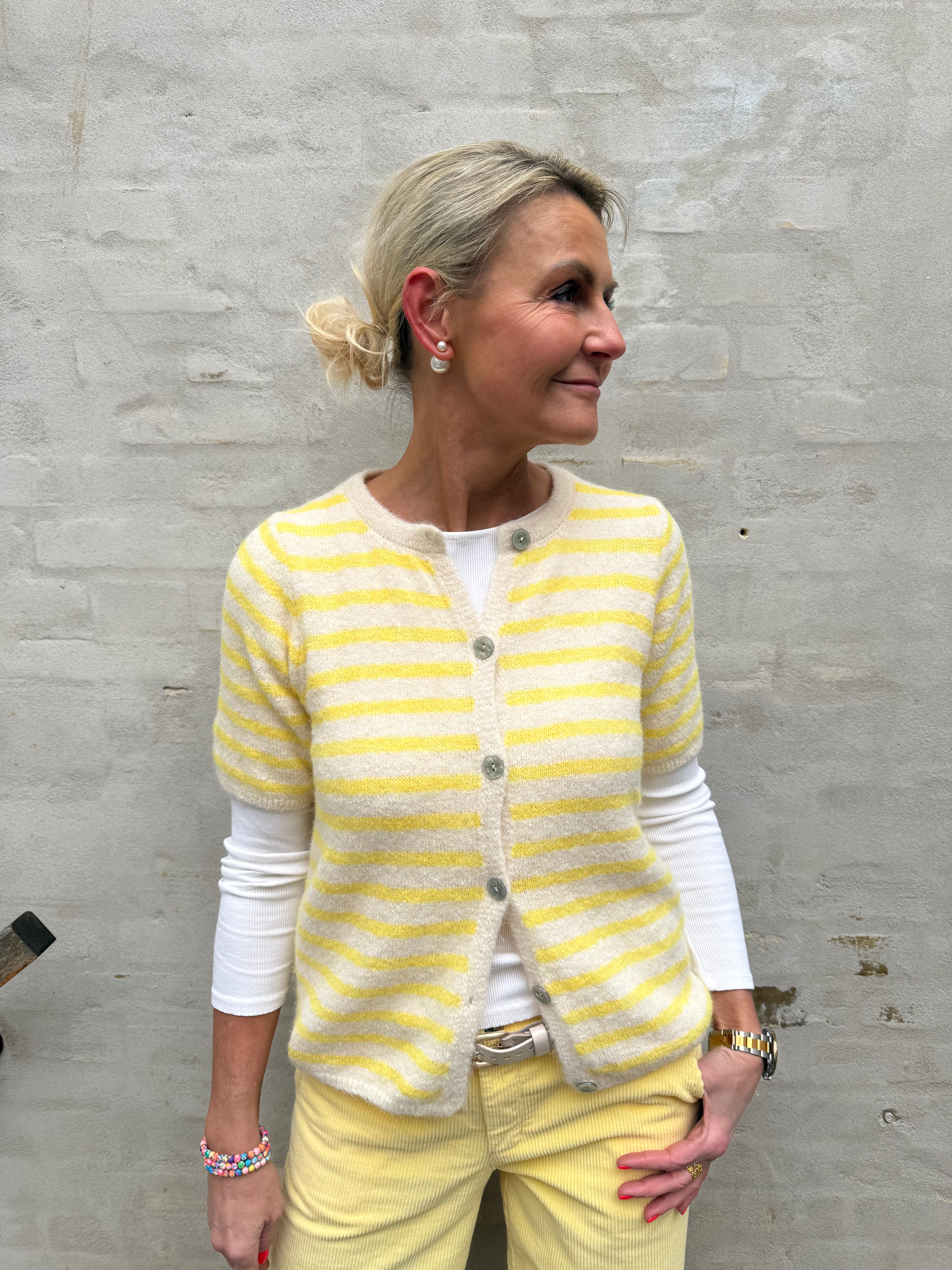 Striped T-shirt Cardigan - Off White/Yellow