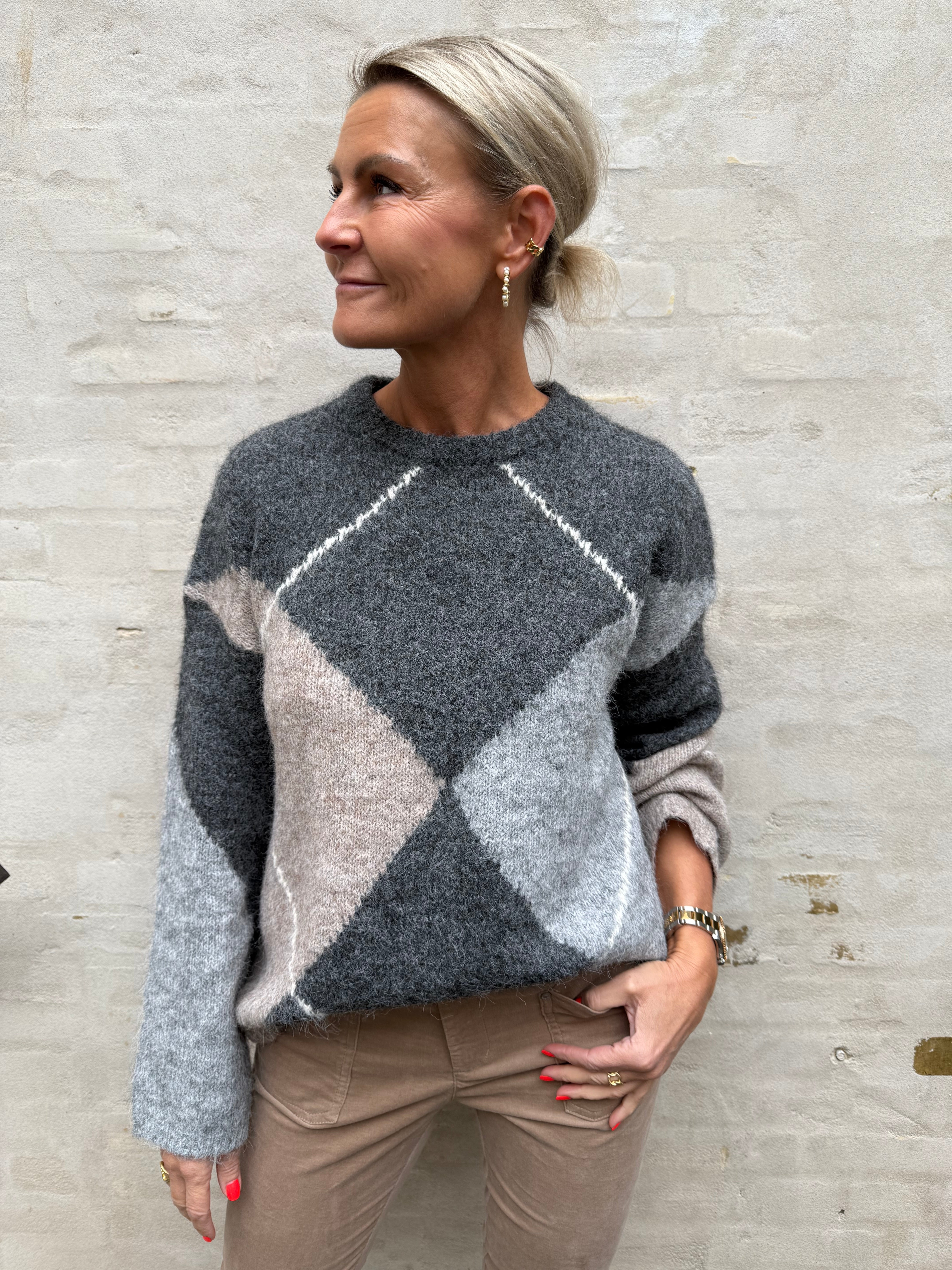 Inga Check Fluff Knit Blouse - Antracit
