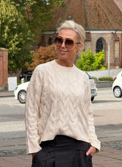 KATHY LS O-NECK CABLE KNIT - Birch MELANGE