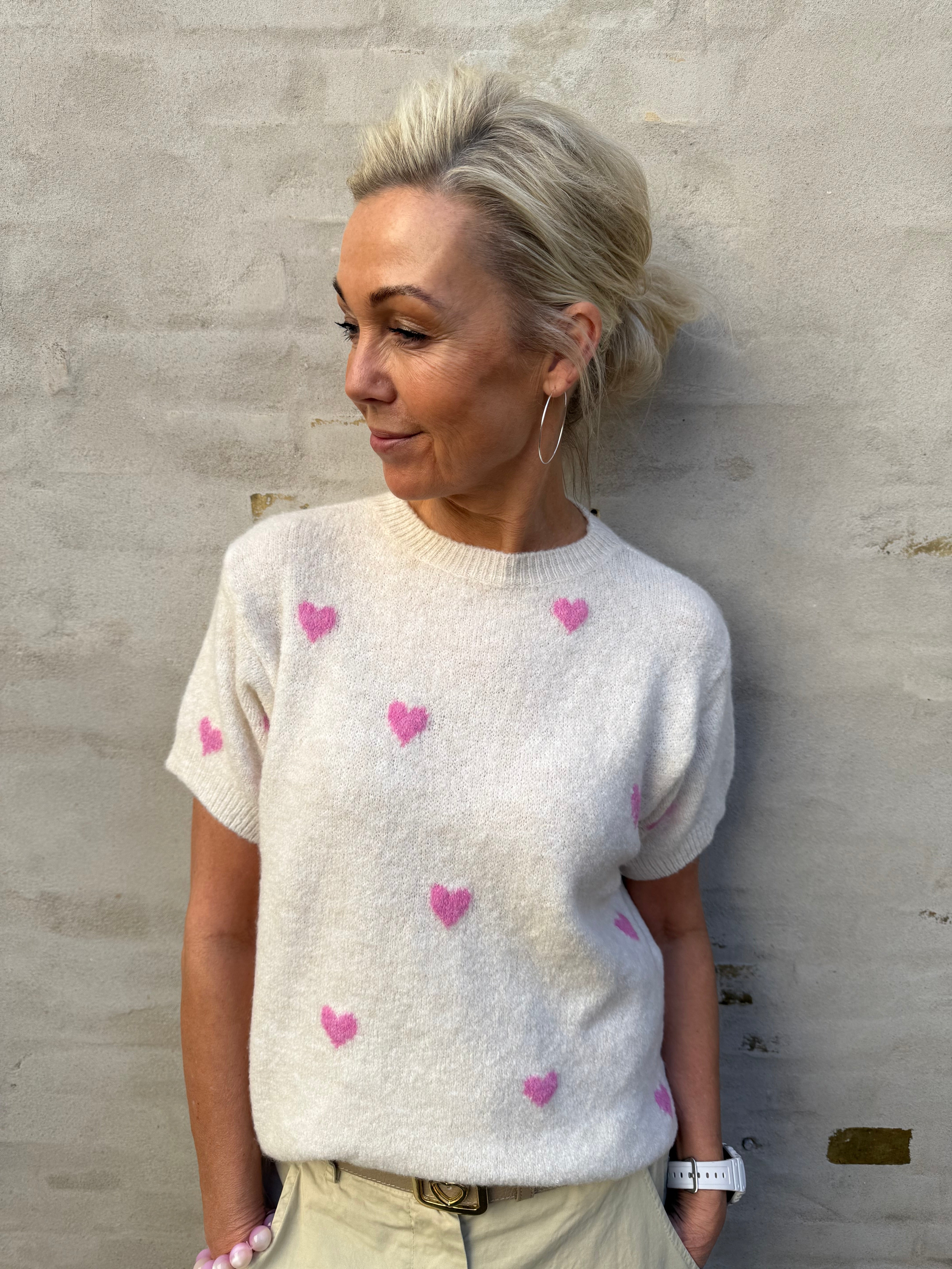 T-shirt Pullover With Hearts - Off White/Pink