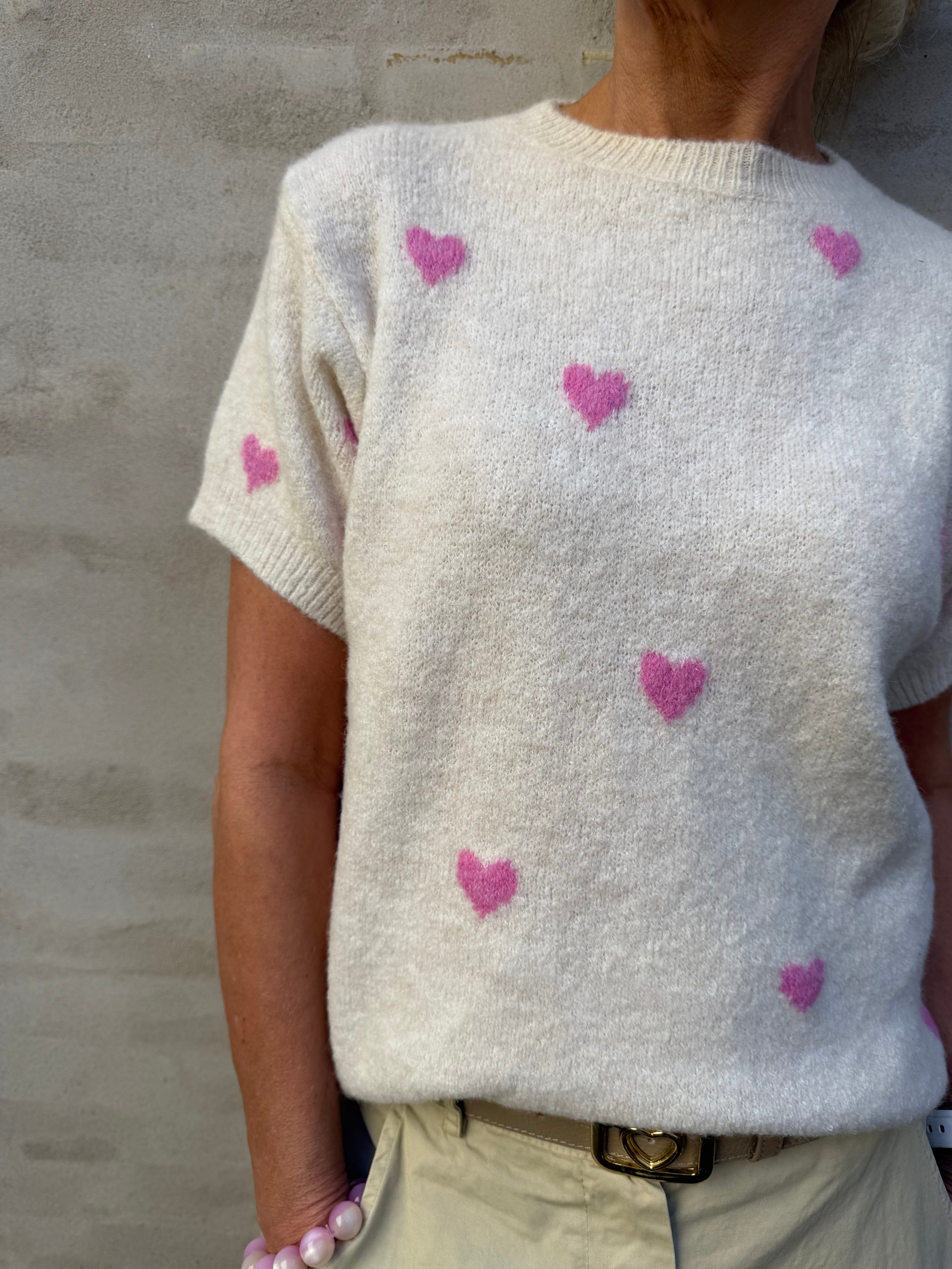 T-shirt Pullover With Hearts - Off White/Pink