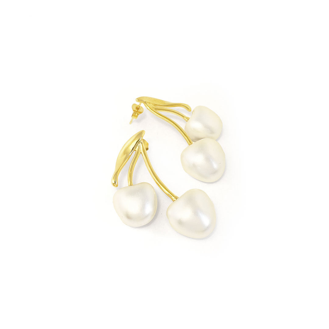 White Cherry Earings - Gold Pearl