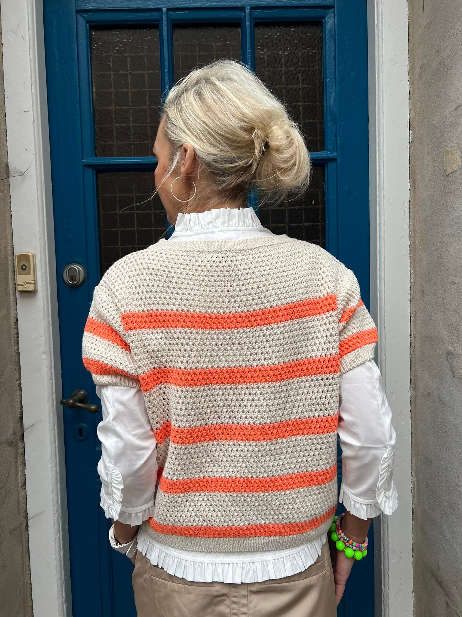 Stickad randig T-shirt - Benvit/Orange