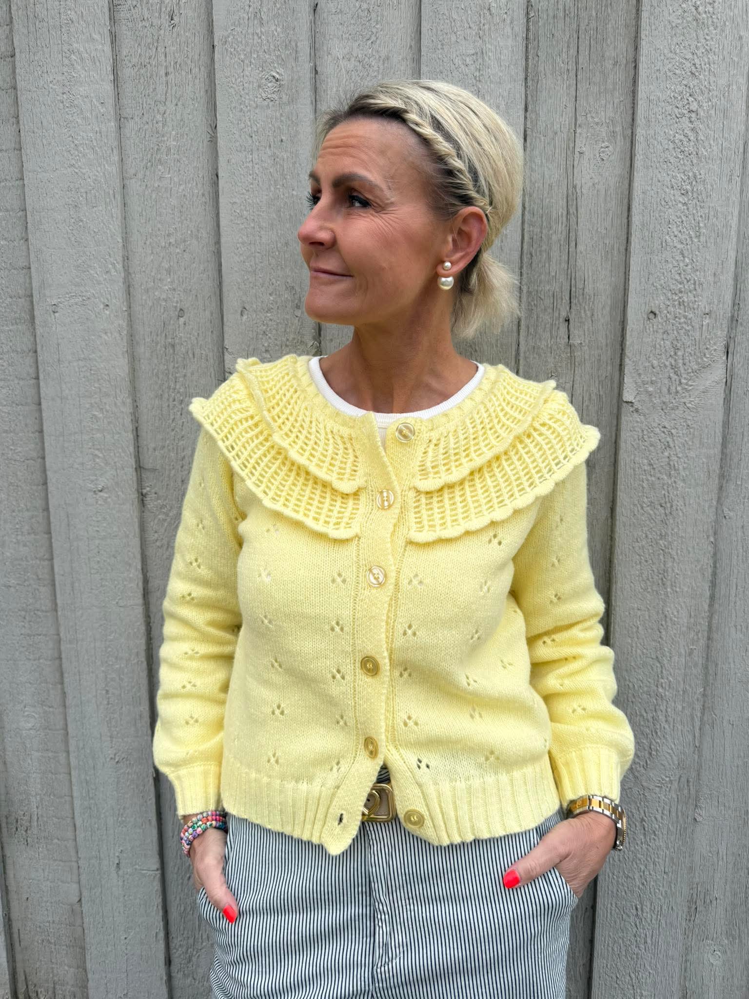 DAVIS LS O-NECK FRILL CARDIGAN - French Vanilla