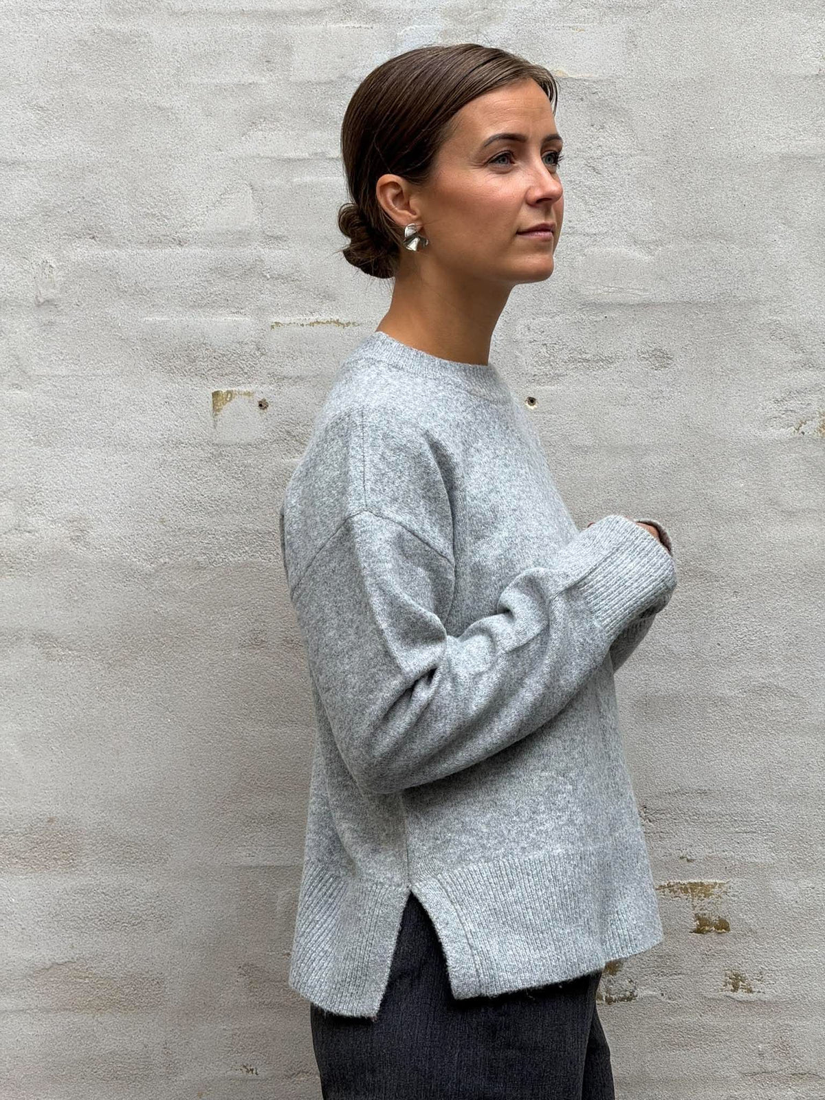 JUNO L/S LO O-NECK KNIT - Medium Grey Melange