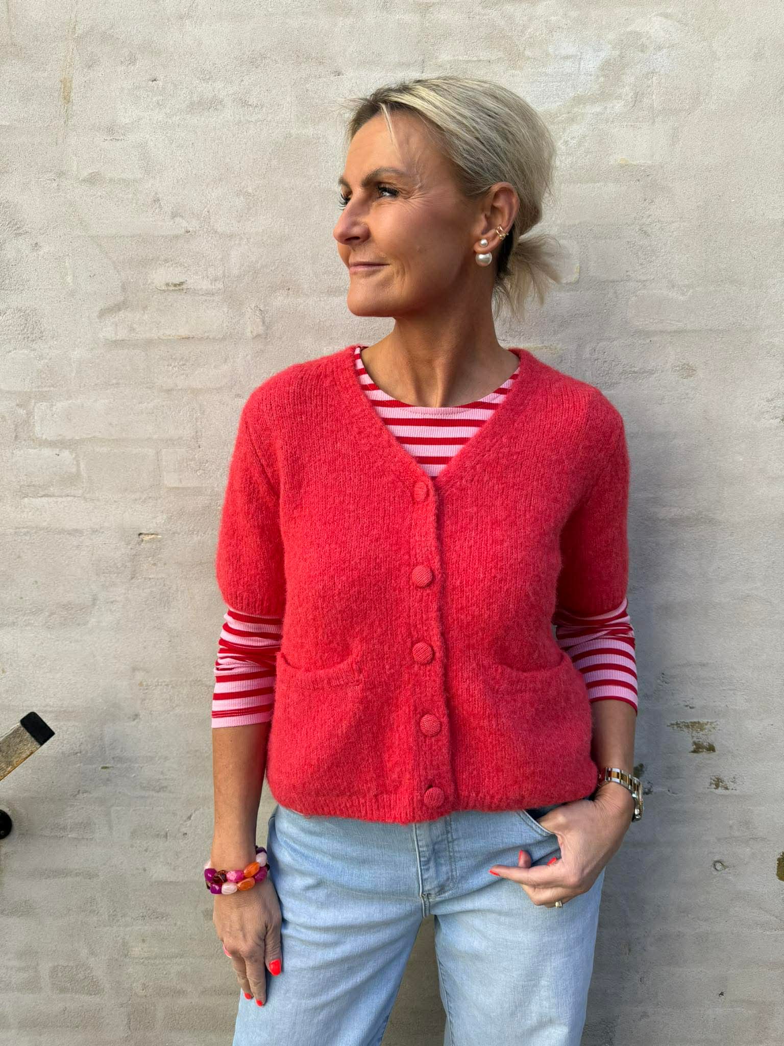 SAGGIA SS V-NECK Knit Cardigan - Poinsettia Melange