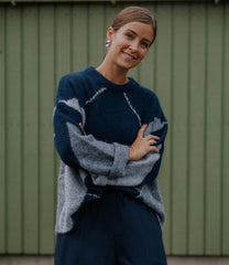 Inga Check Fluff Knit Blouse - Navy