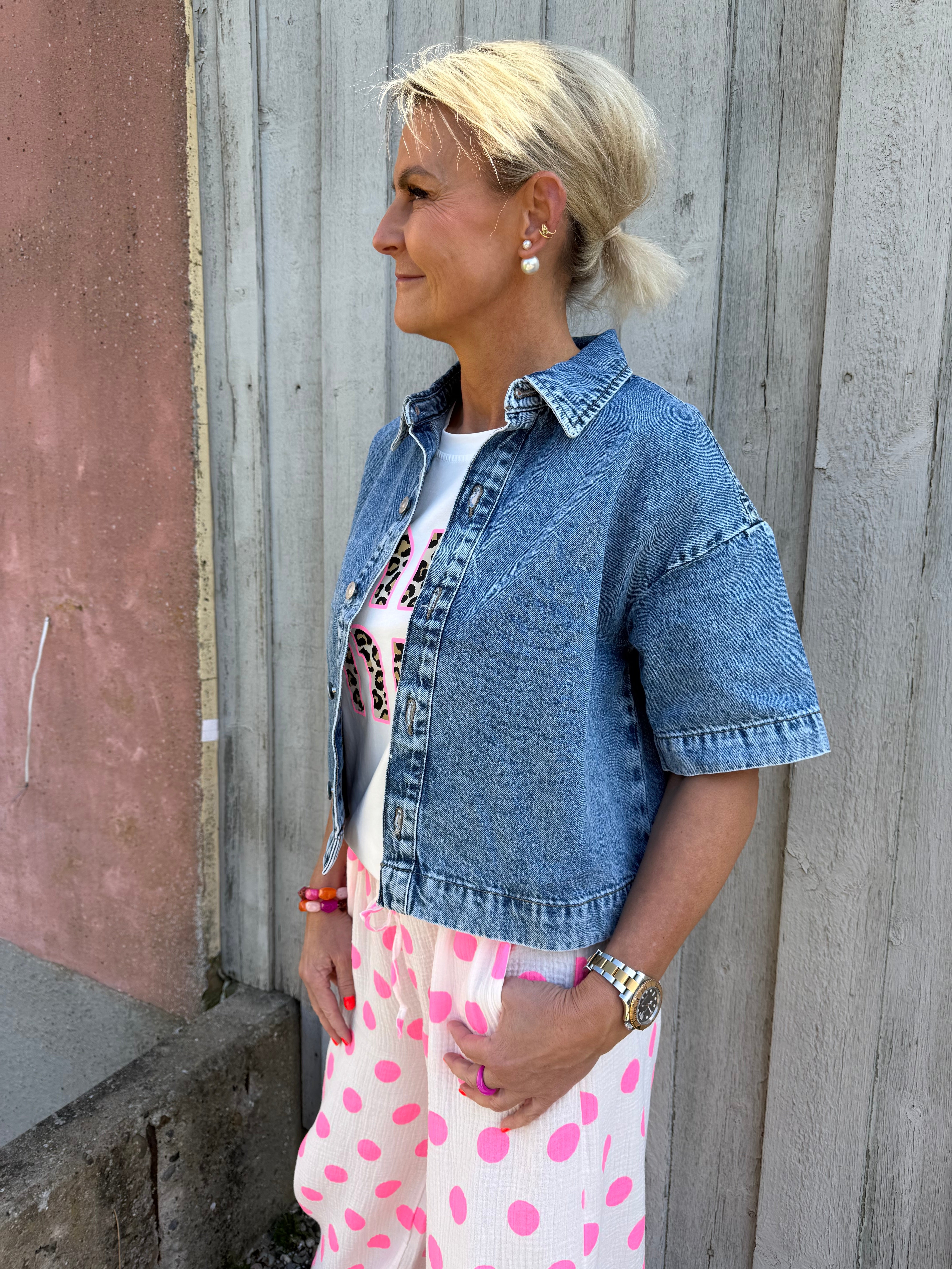 SKY SS A-SHAPE DENIM TOP - Medium Blue Denim