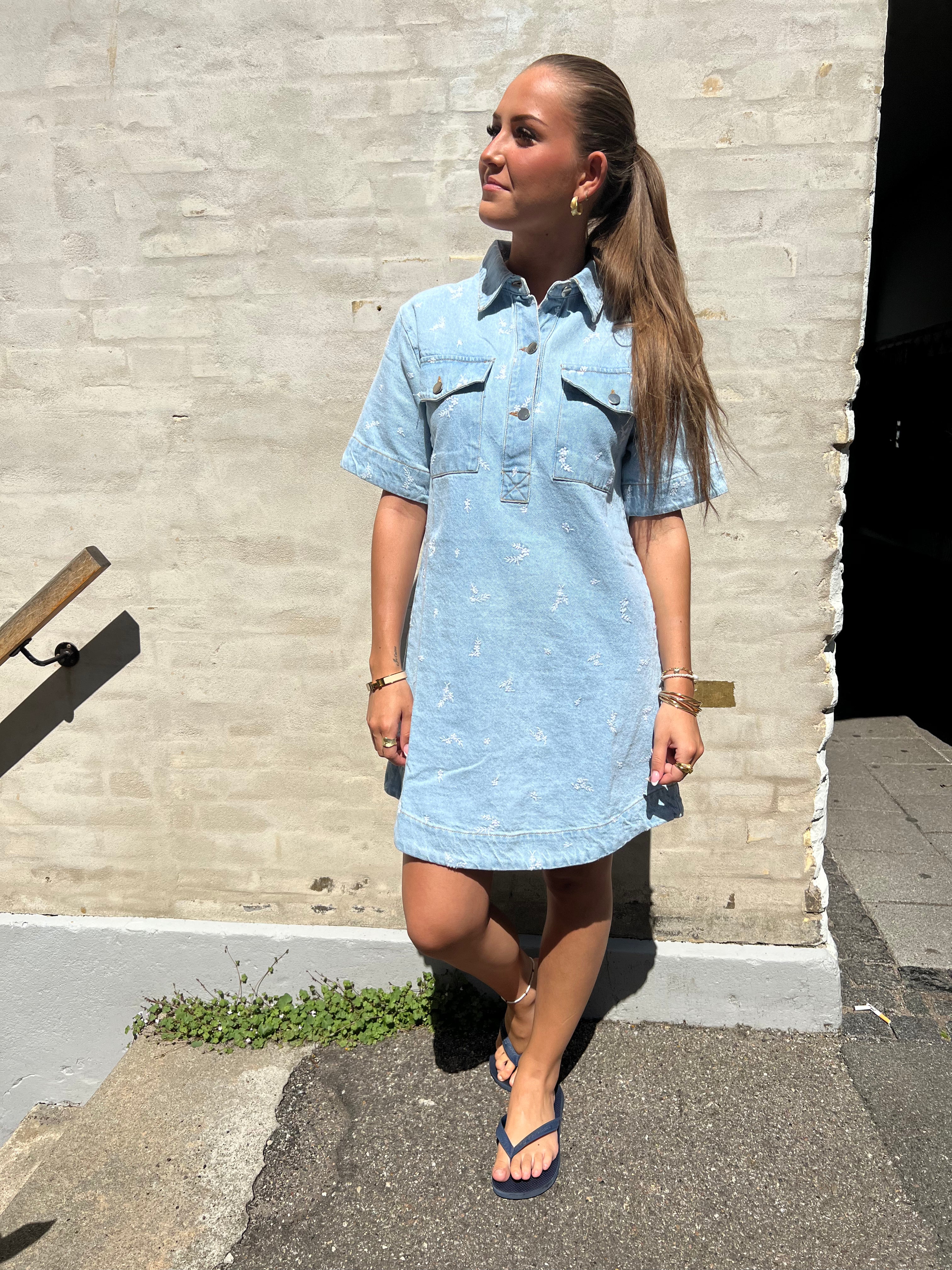 Saras Denim Emb Dress light blue