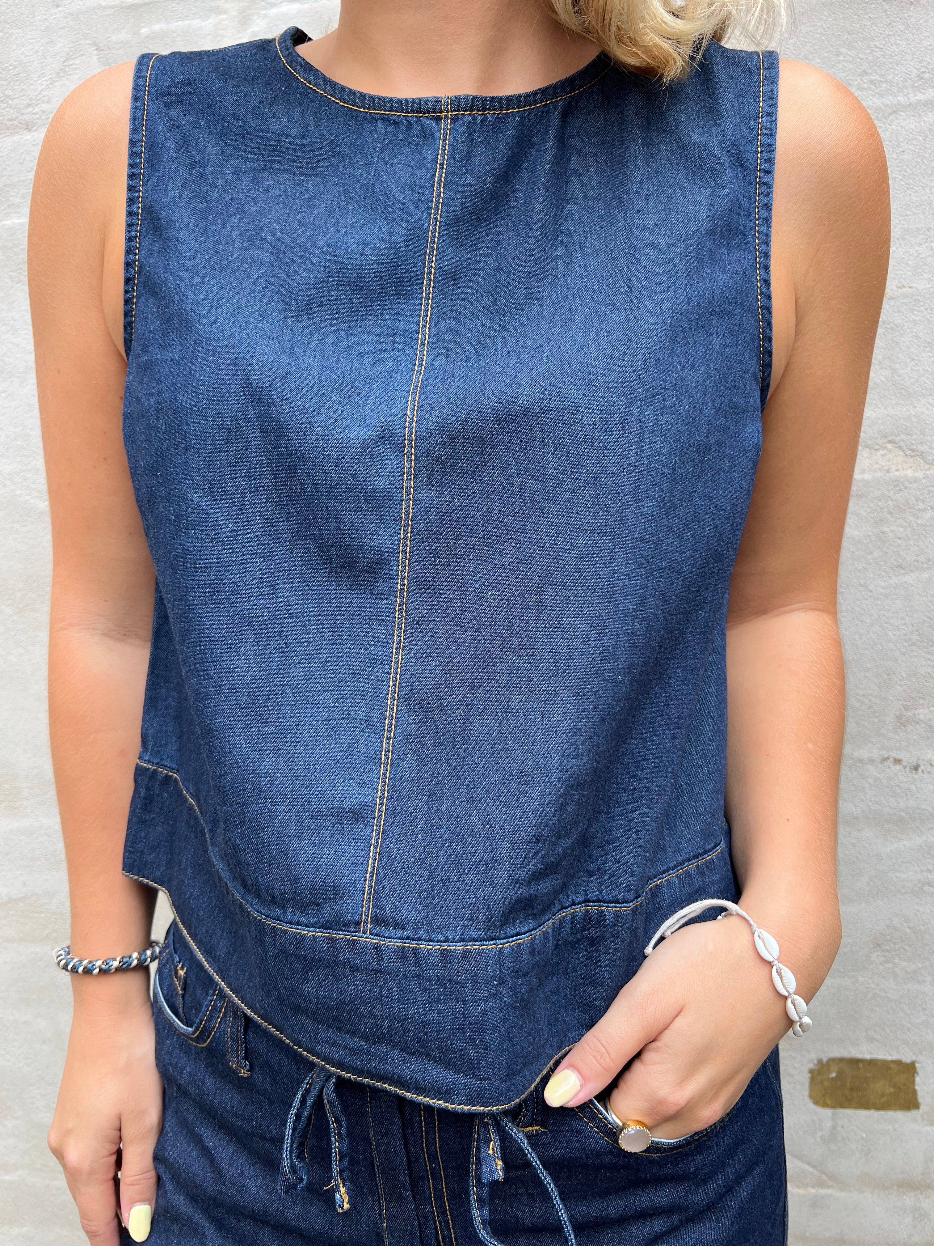 Sabrina Roundneck S/L top dark blue denim