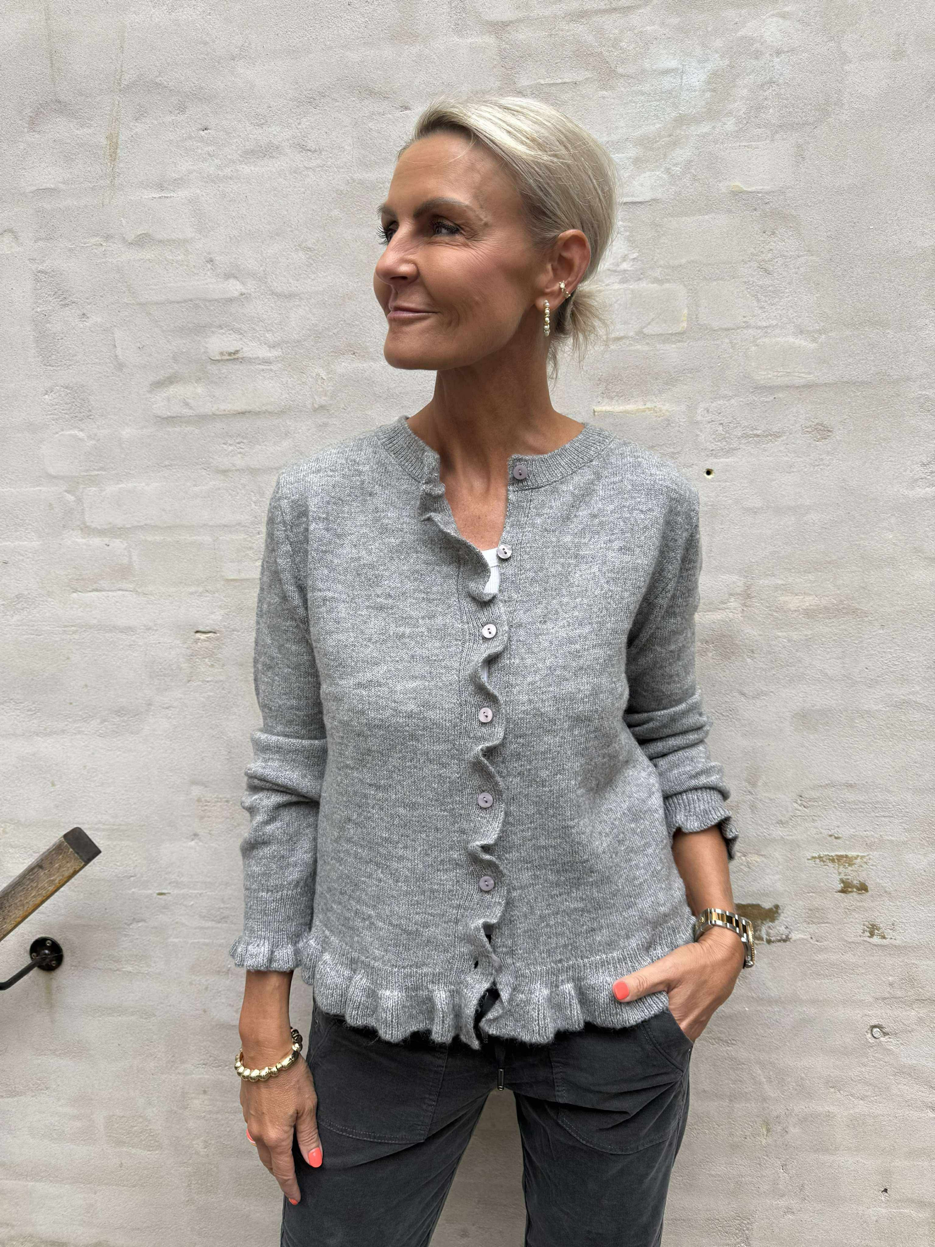 LETTY FRILL CARDIGAN - Light Grey Melange