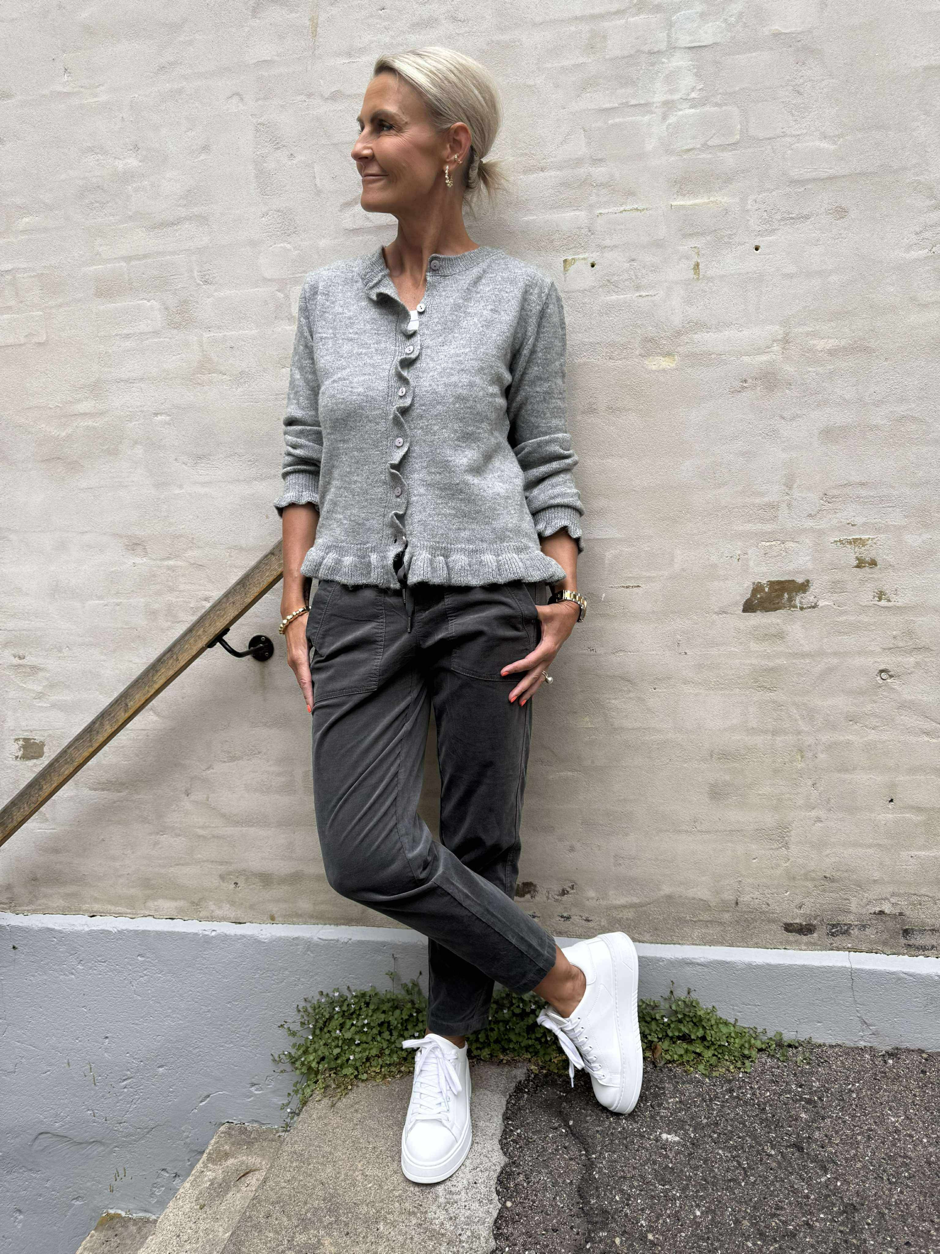 LETTY FRILL CARDIGAN - Light Grey Melange
