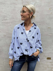 Shirt w. Striped & Embrodery Hearts - Navy Blue