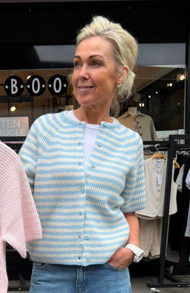 Malou SS O-Neck Stripe Cardigan - Cashmere Blue Birch