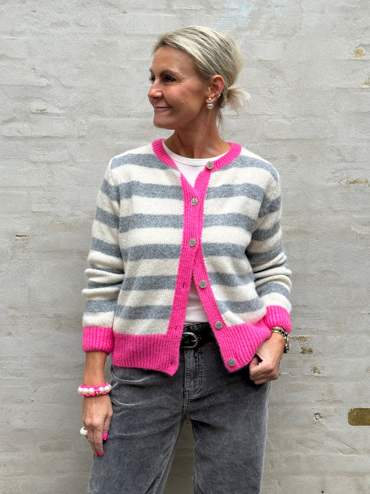 Pipi Striped Cardigan - Off White/Grey/Pink Neon