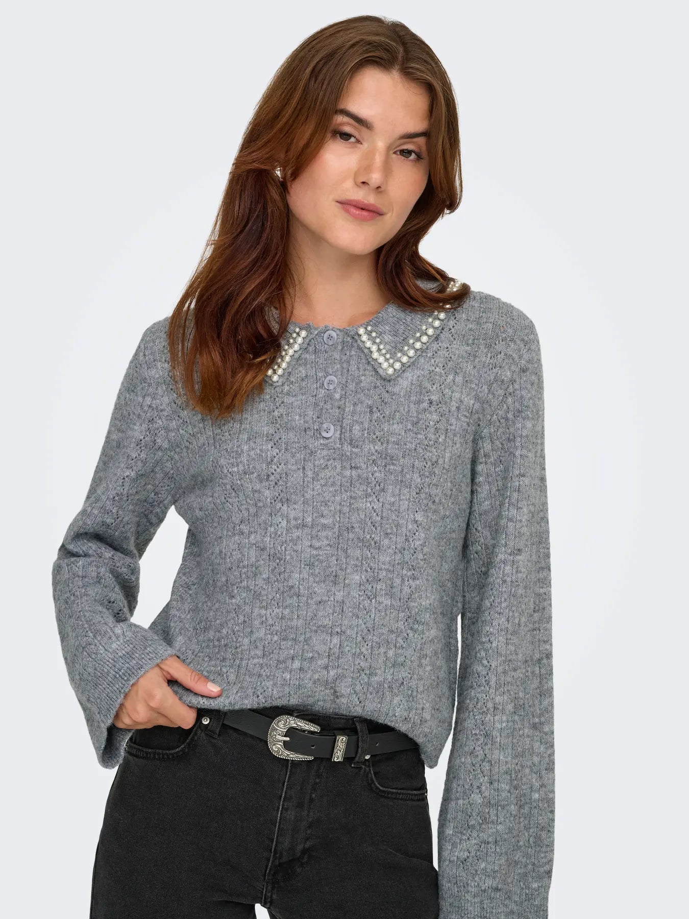 APRIL LIFE PEARL COLLAR PULL - Medium Grey Melange WHITE PEARLS