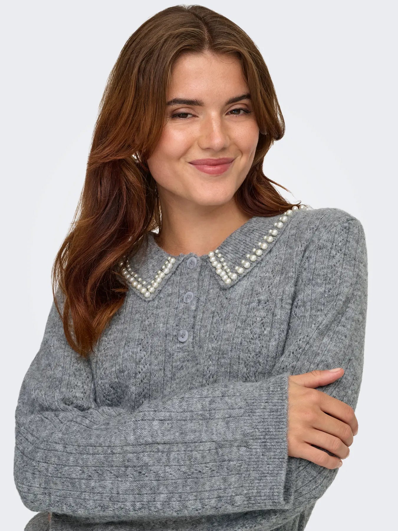 APRIL LIFE PEARL COLLAR PULL - Medium Grey Melange WHITE PEARLS