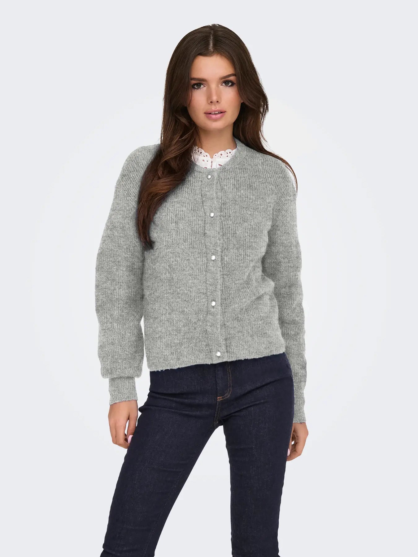 LUMI LIFE L/S BUTTON CARDIGAN - Medium Grey Melange