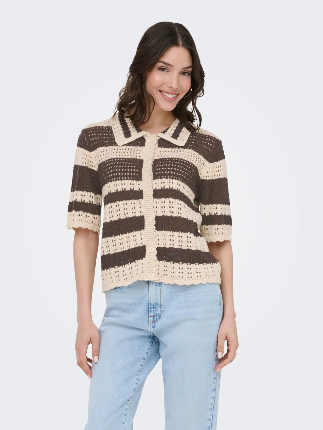 ROBIN 2/4 COLLAR CARDIGAN -  Sandshell WITH BRACKEN STRIPES