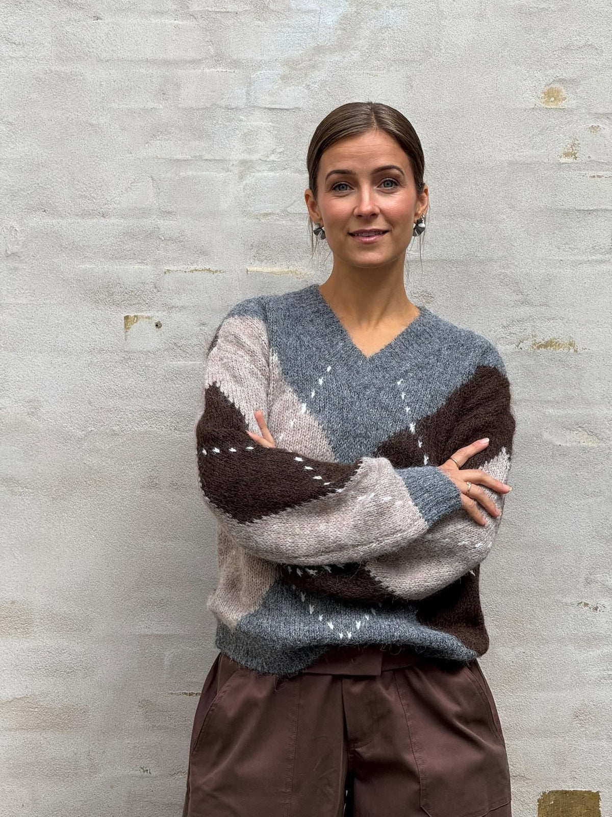 ZOEY L/S VN ARGYLE PULLOVER KNT - Medium Grey Melange/CHATEAU GRAYCHOCOLATE
