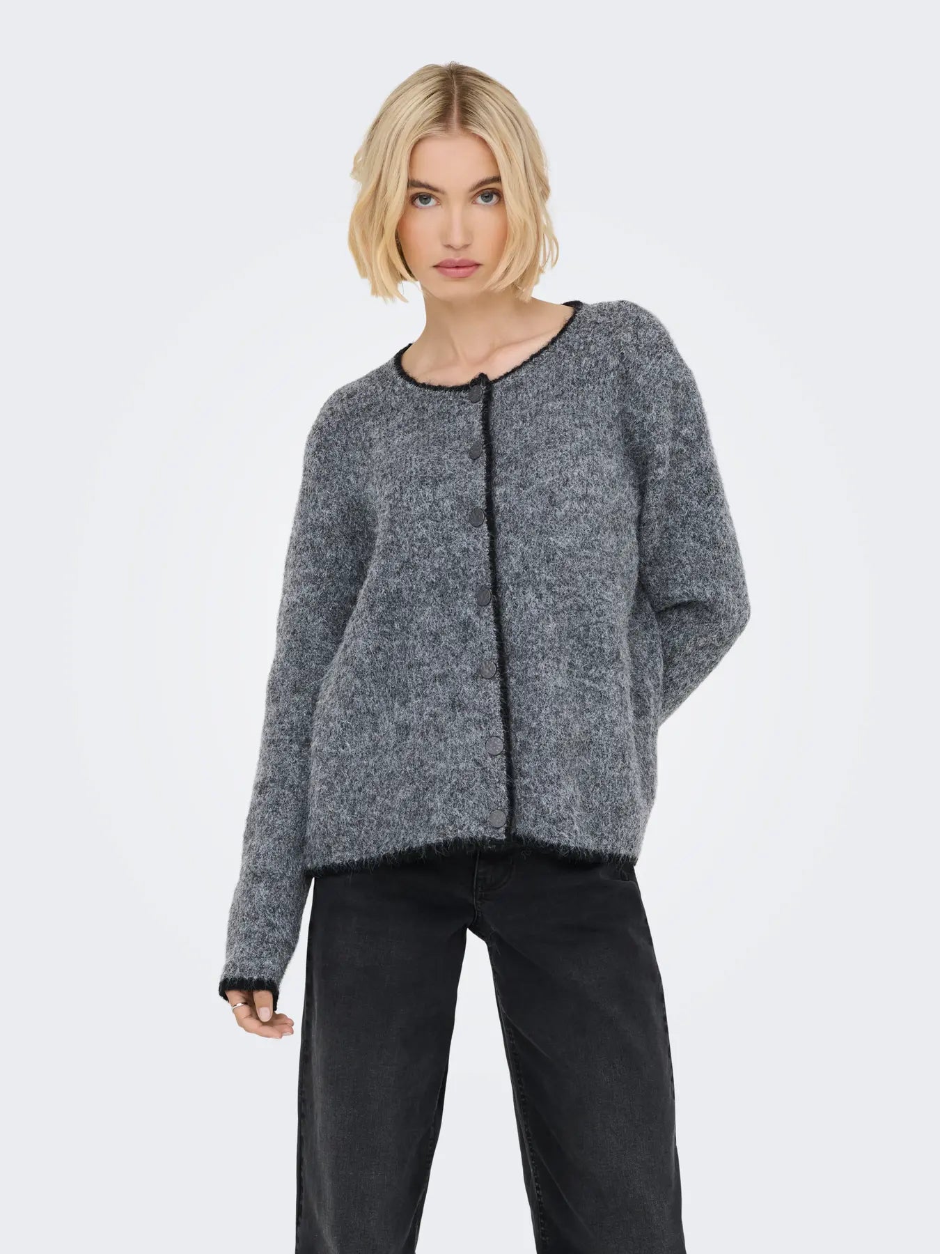 ZOEY LIFE L/S O-NECK CARDIGAN - Dark Grey Melange W. BLACK BINDER