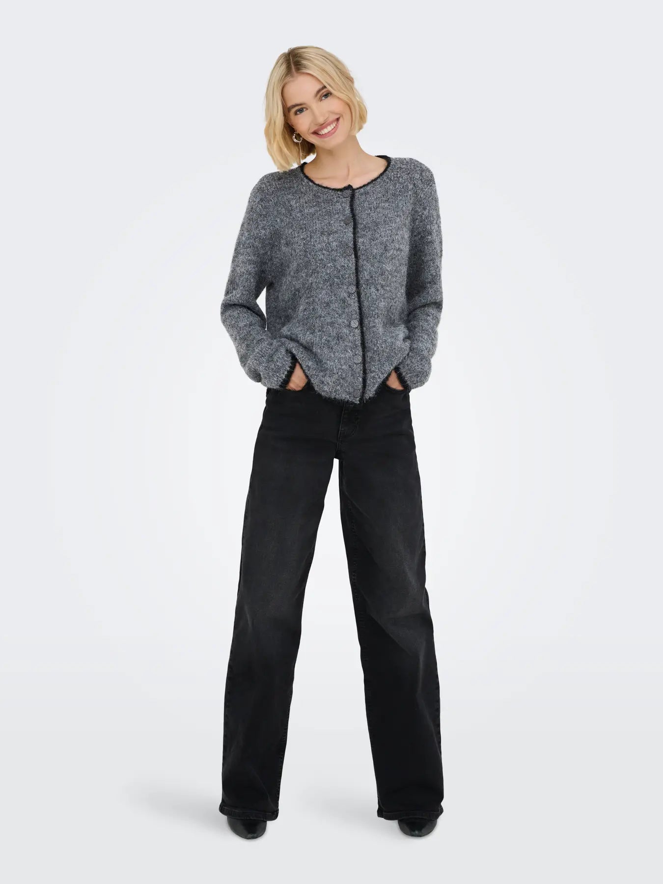 ZOEY LIFE L/S O-NECK CARDIGAN - Dark Grey Melange W. BLACK BINDER