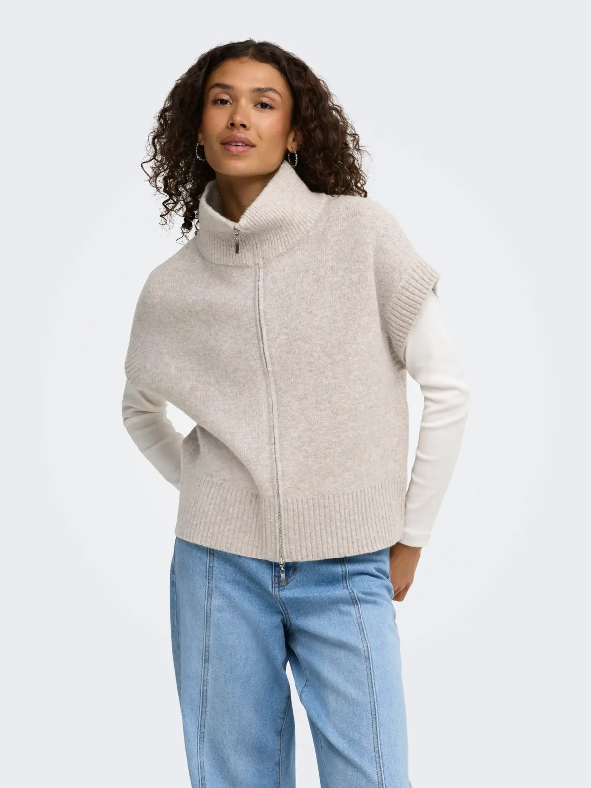 Lea S/L HN 2way Zip Vest Knt - Natural Melange