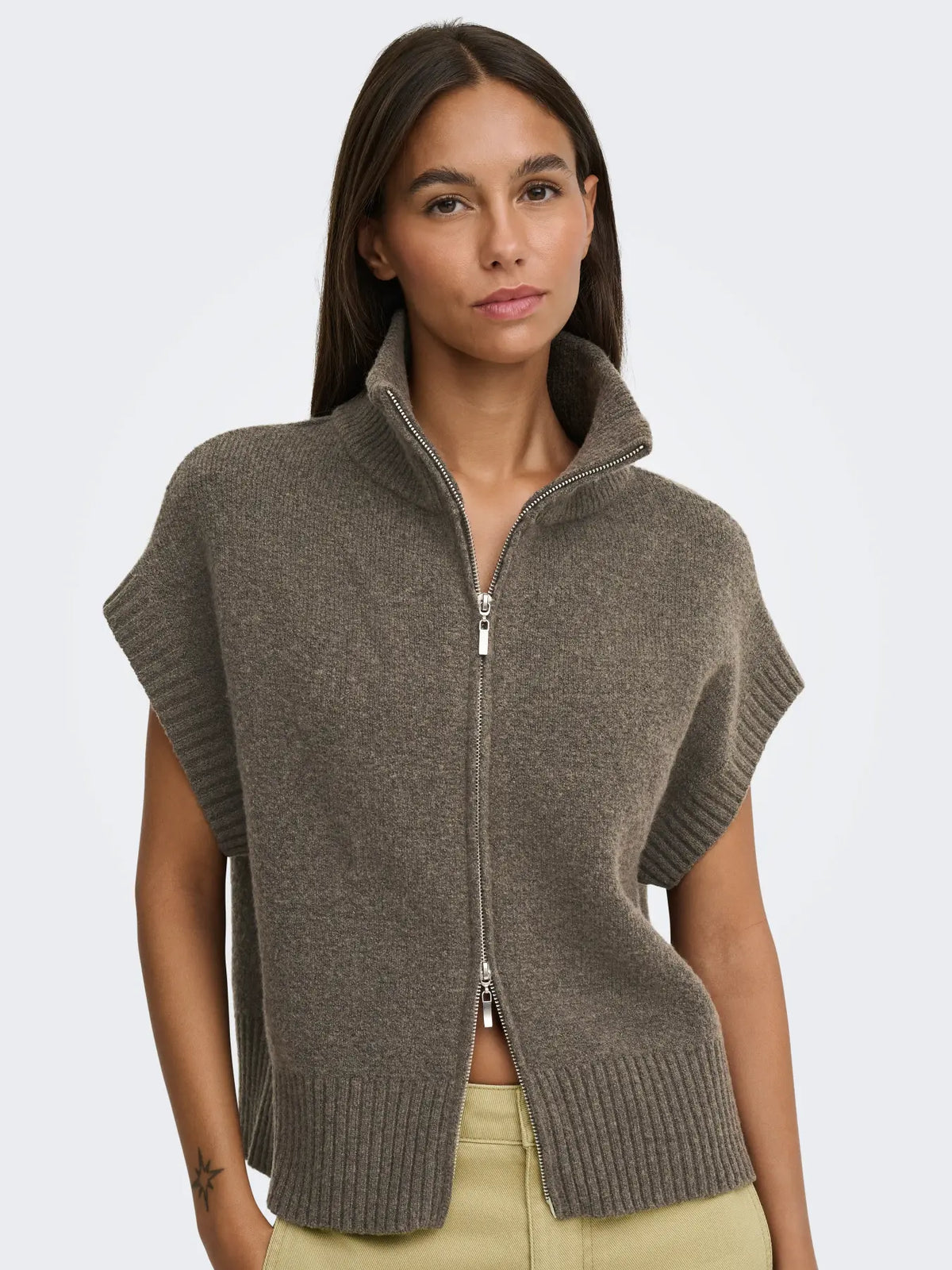 Lea S/L HN 2way Zip Vest Knt - Falcon Melange