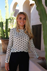 MESH LS TSHIRT - IVORY BLACK FLOCK HEART