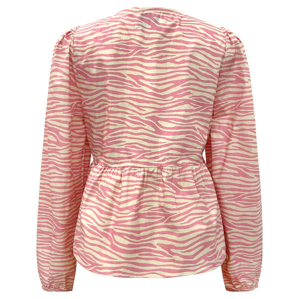 MANNI-LS-V-NECK-BLOUSE - BUBBLEGUM ZEBRA