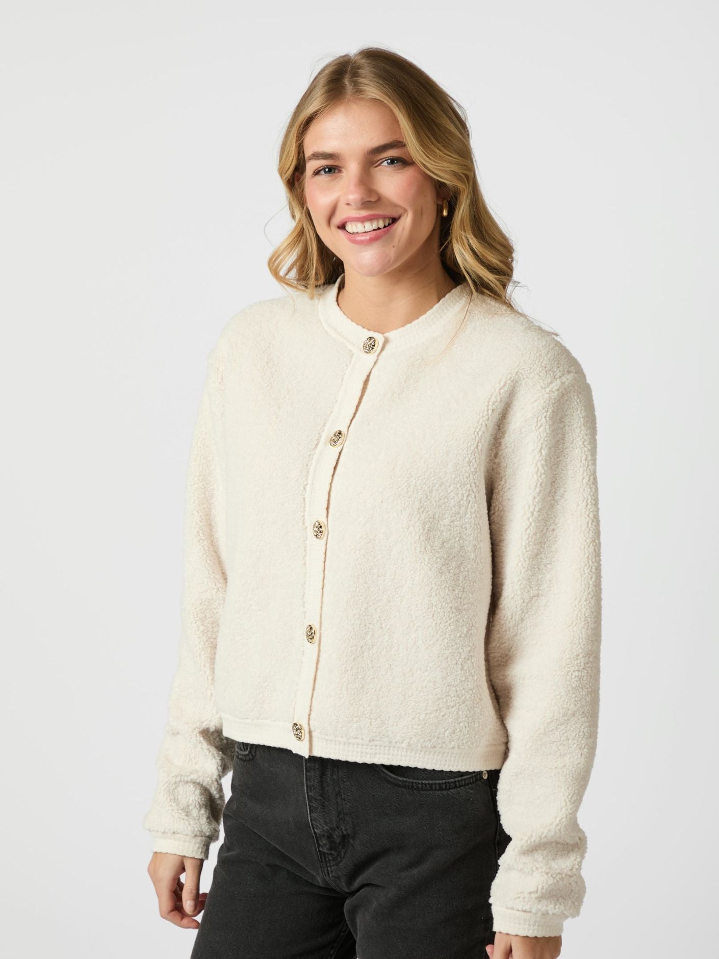 Limo Fluffy Knit Cardigan - Creme