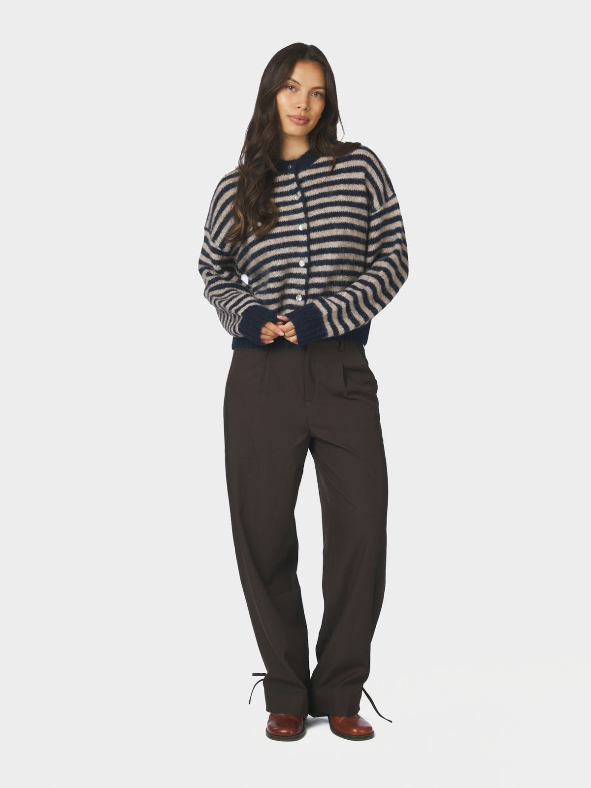 Isana Stripe Fluffy Knit Cardigan - Navy Striped