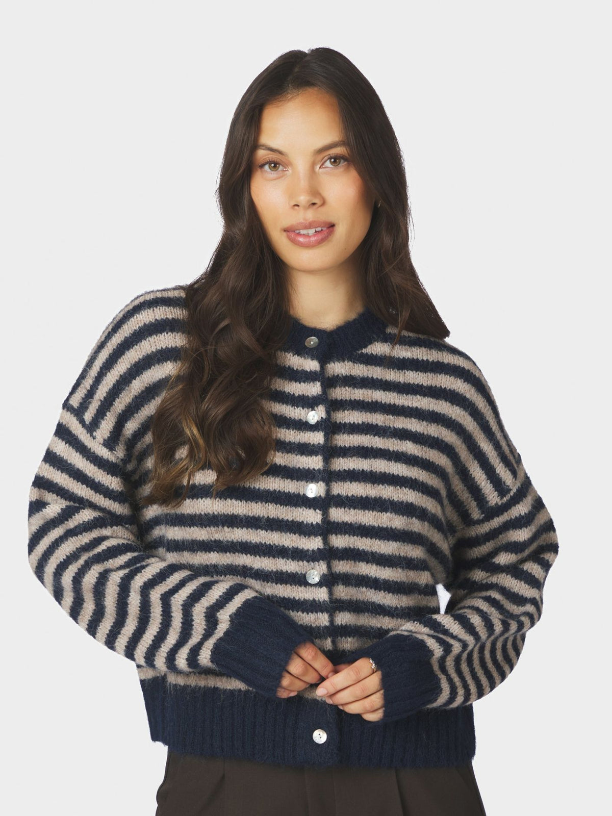 Isana Stripe Fluffy Knit Cardigan - Navy Striped