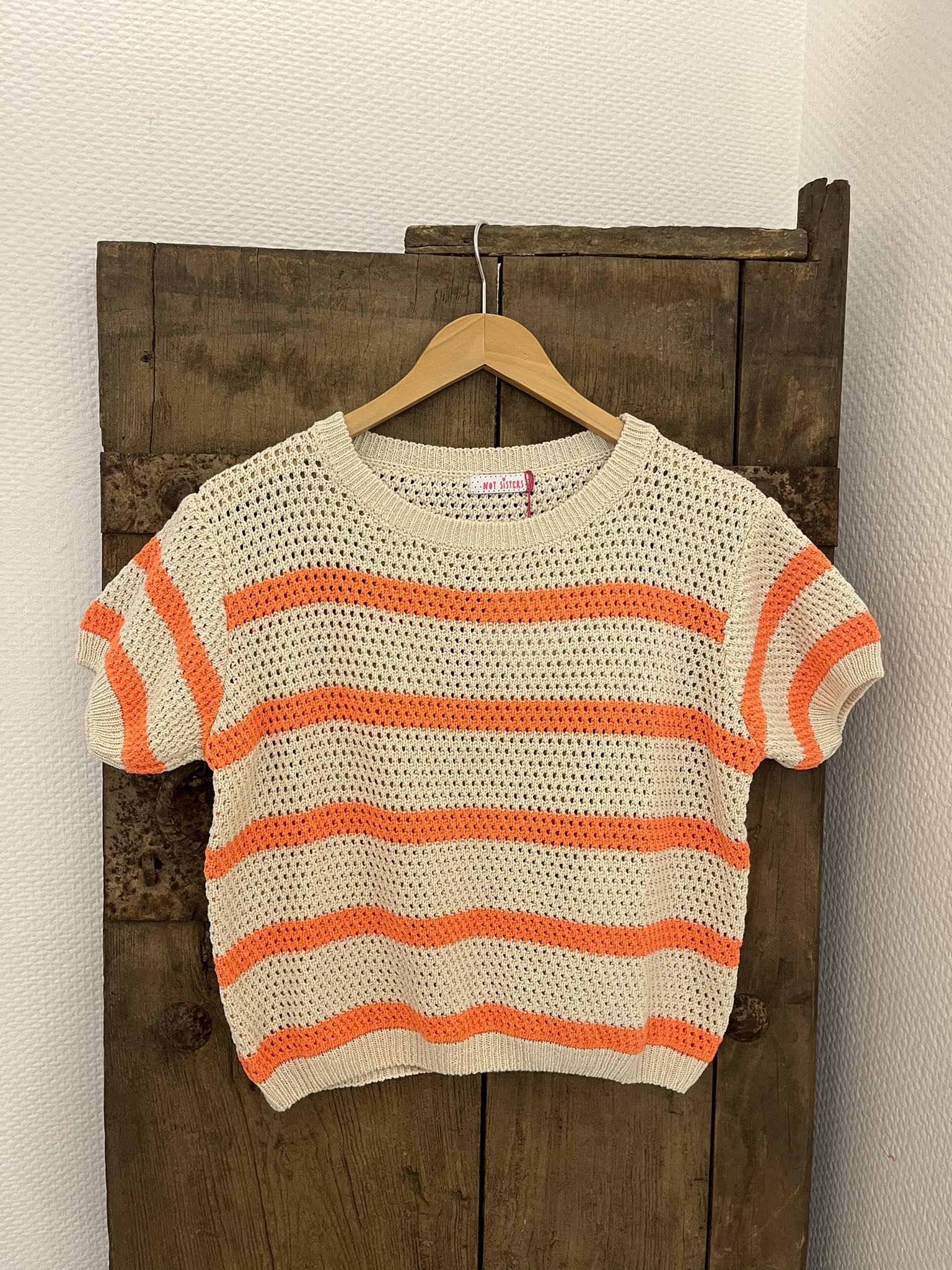 Knitted Striped T-Shirt - Off White/Orange