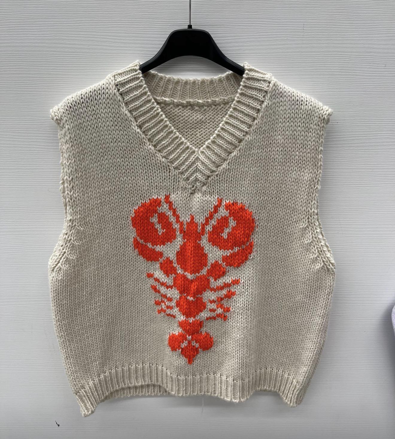 PREORDER-Lobster V-neck Knit Vest -  Off White/Orange Fluo