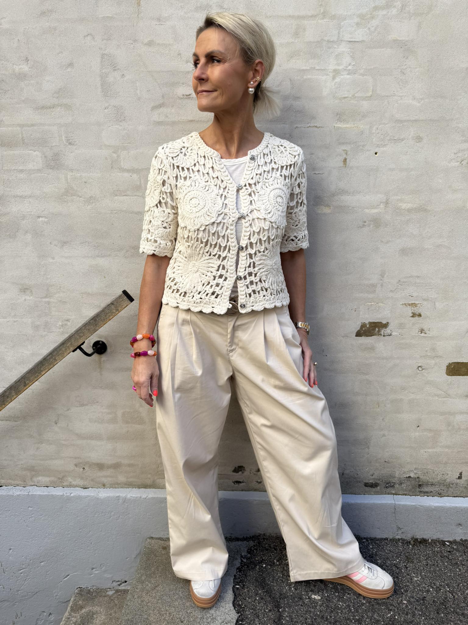 MINGA SS KNIT CARDIGAN - Birch_Brown stitch