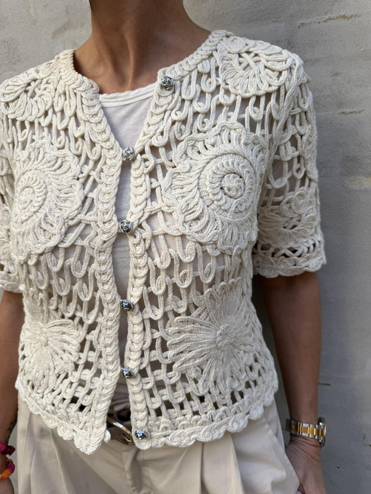 MINGA SS KNIT CARDIGAN - Birch_Brown stitch