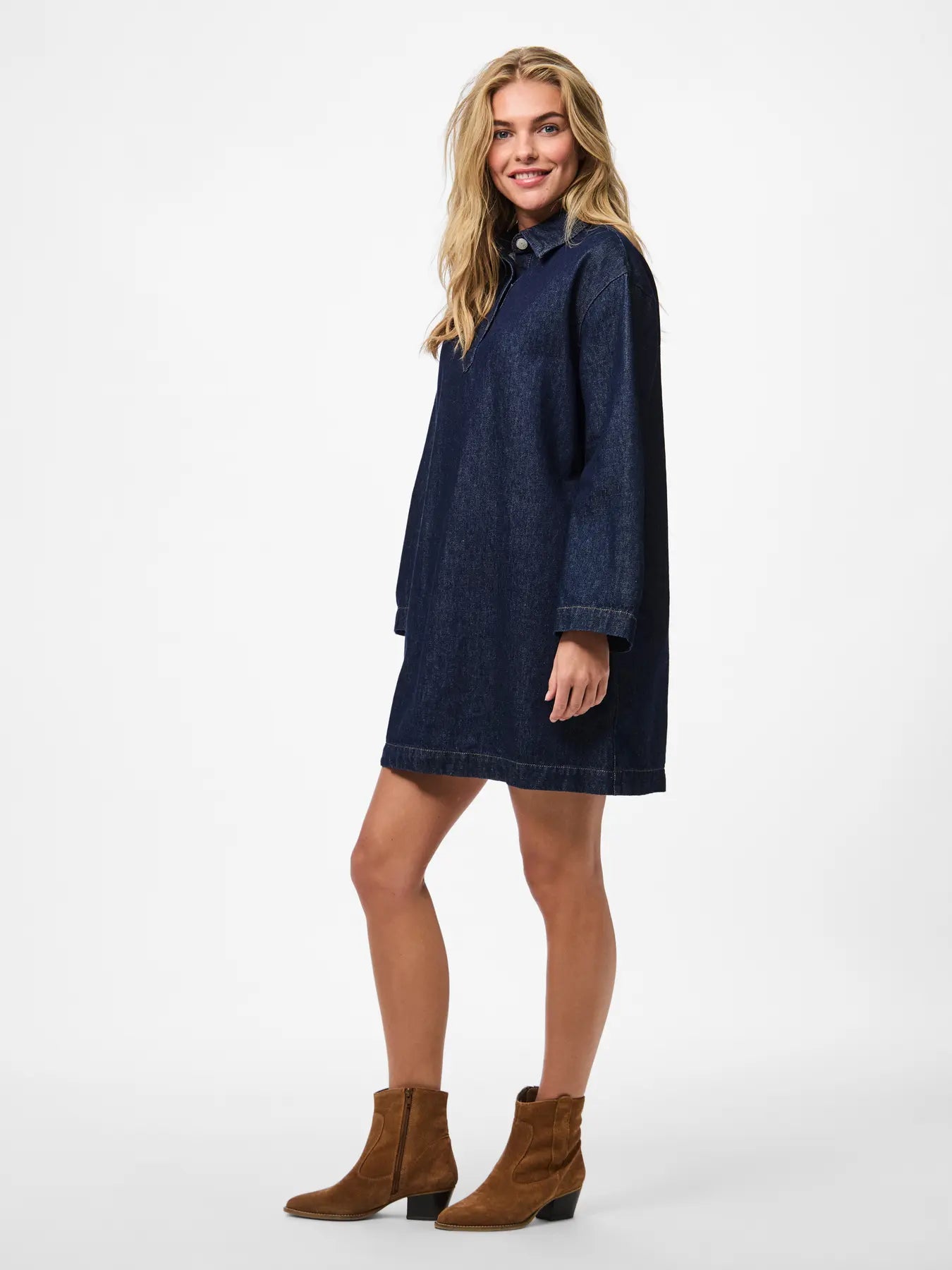 KENYA A-SHAPE DENIM DRESS - Dark Blue Denim/Rinse