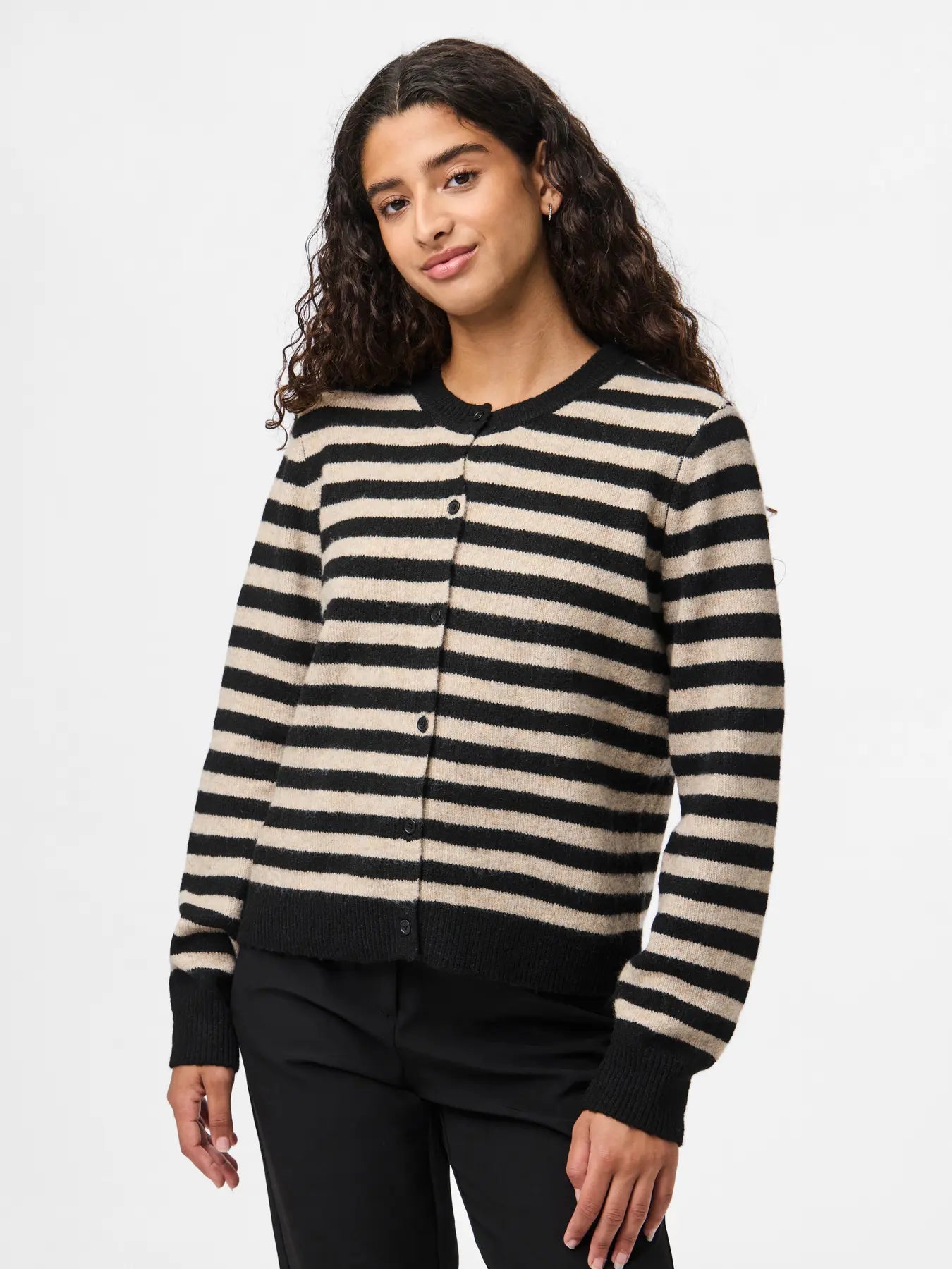 MALOU LS KNIT CARDIGAN - Black/TAUPE GRAY MELANGE