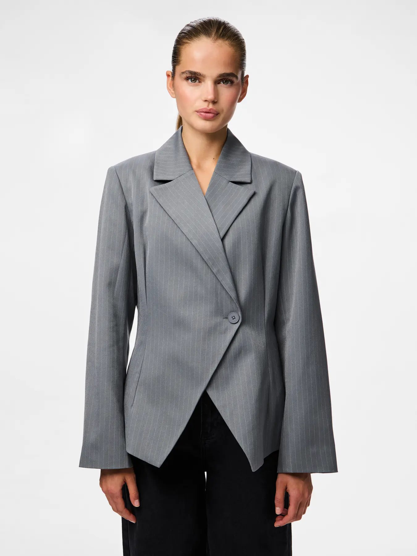 FALKA LS FITTET PINSTRIPED BLAZER - Grey Pinstripe
