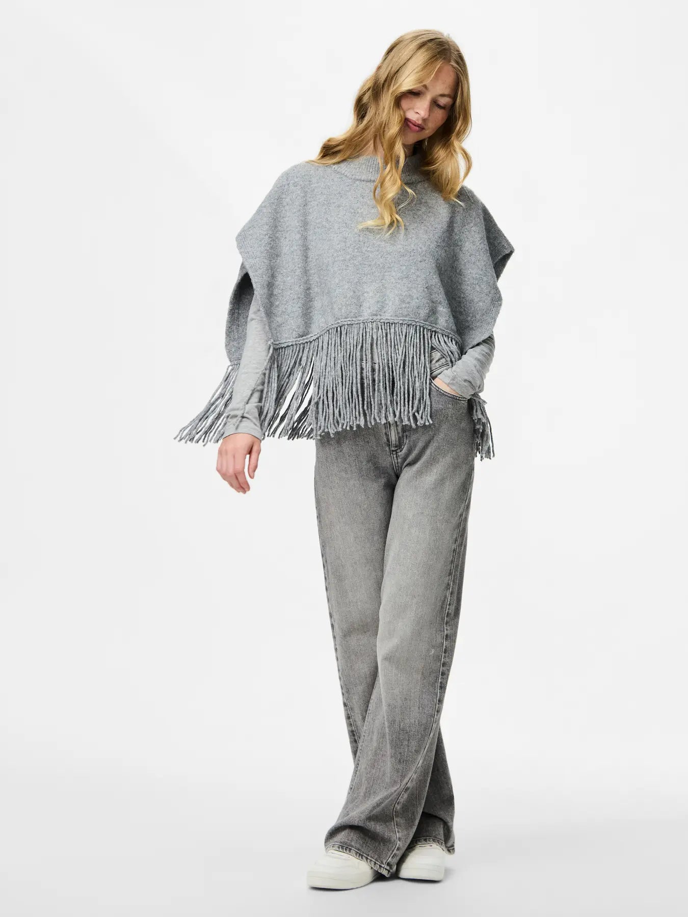 JULLE PONCHO - Light Grey Melange